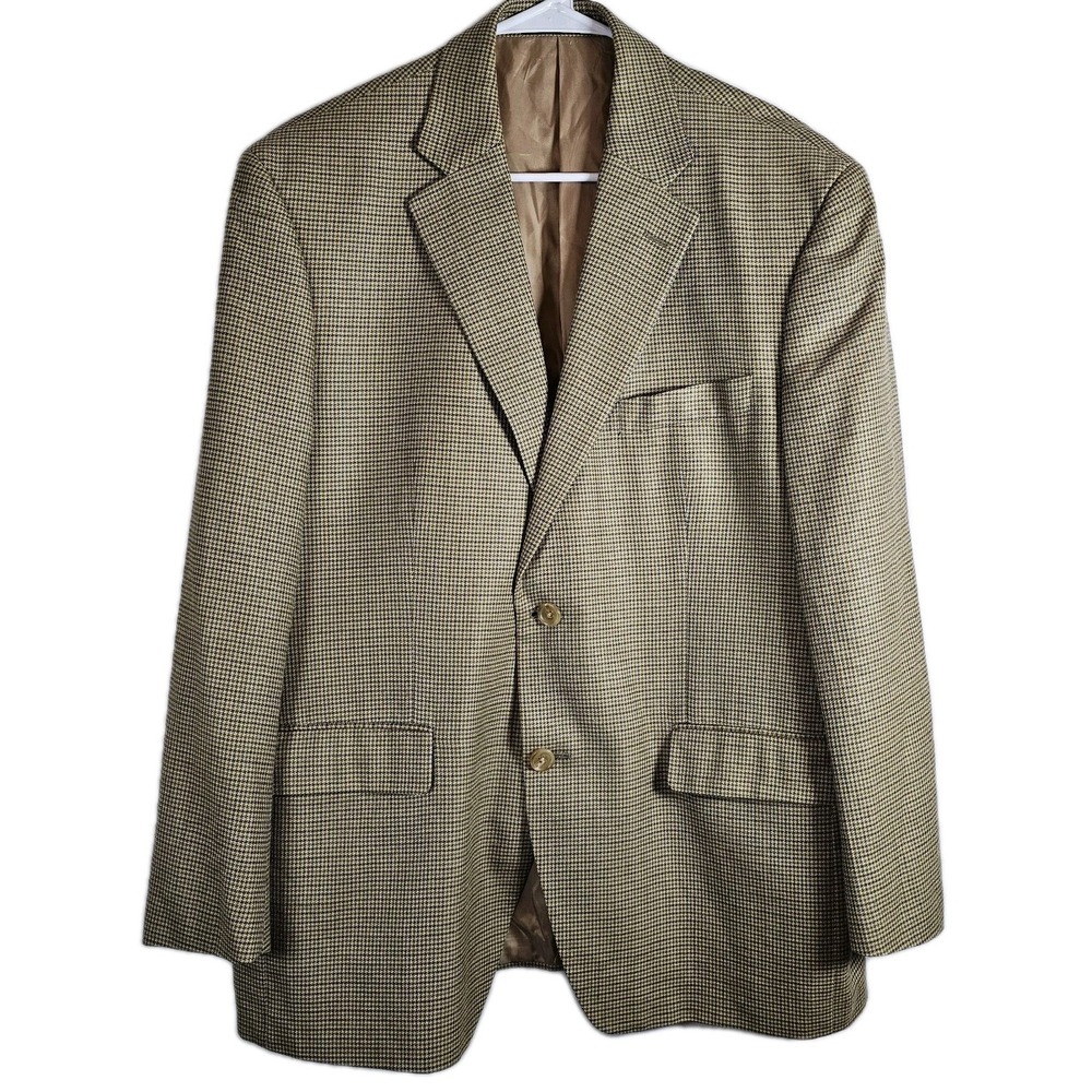 Vtg Lauren Ralph Lauren Blazer Silk Wool Jacket Mens 42S Houndstooth Beige EUC